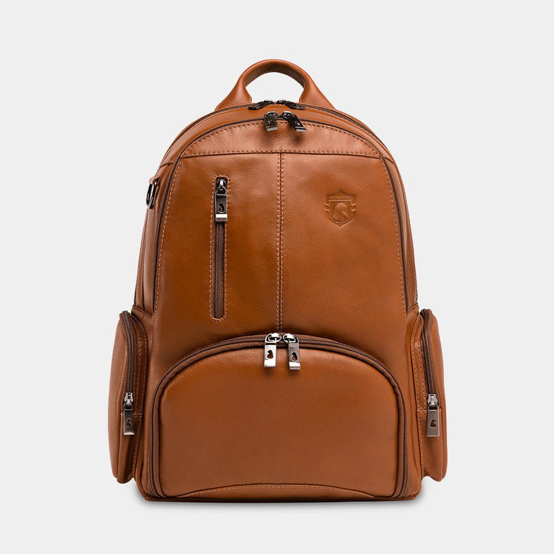Mochila de couro para notebook NW072B na cor caramelo — vista frontal